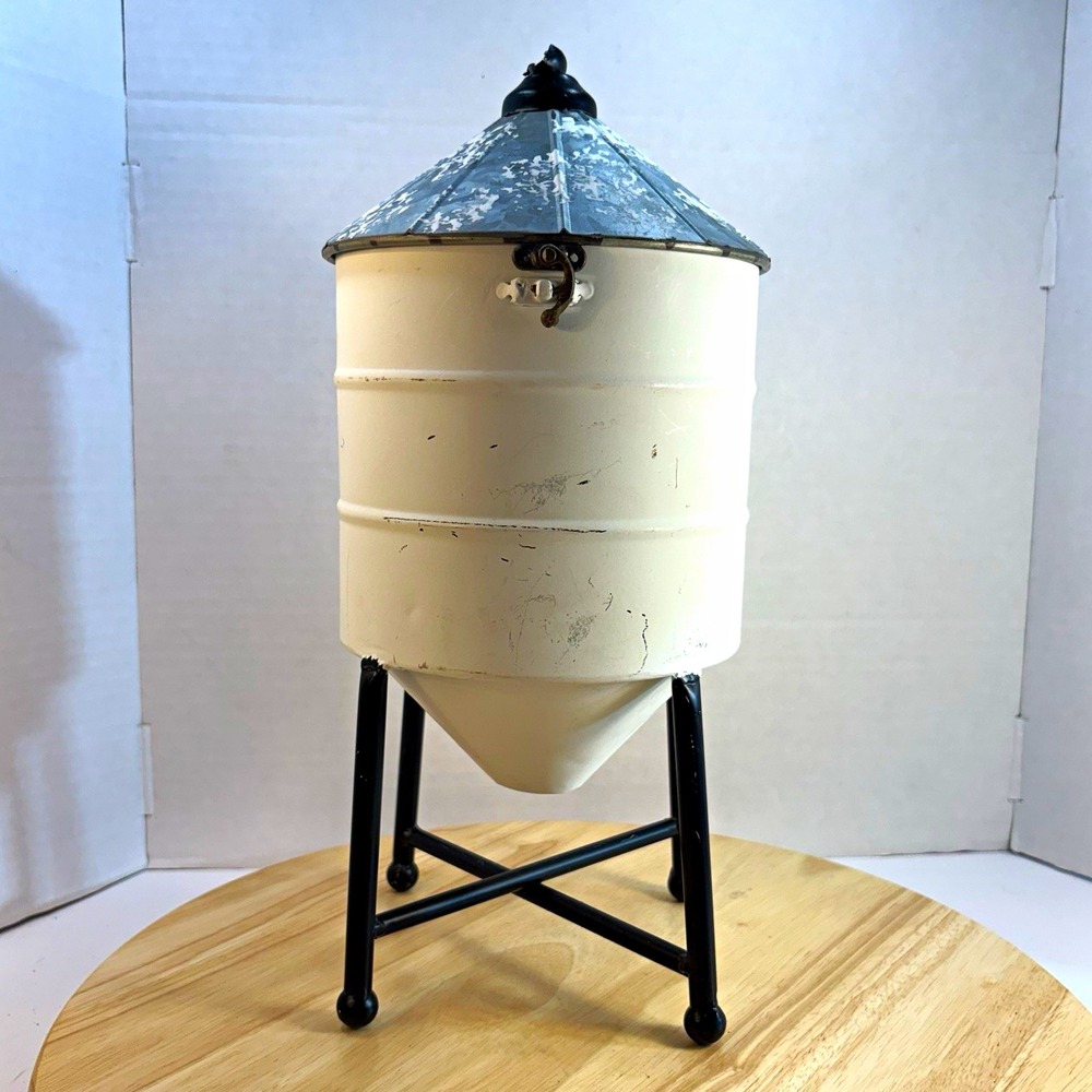 Metal Water Tower Cylindrical Jar Canister w/ Lid on Stand 12in White Black Gray